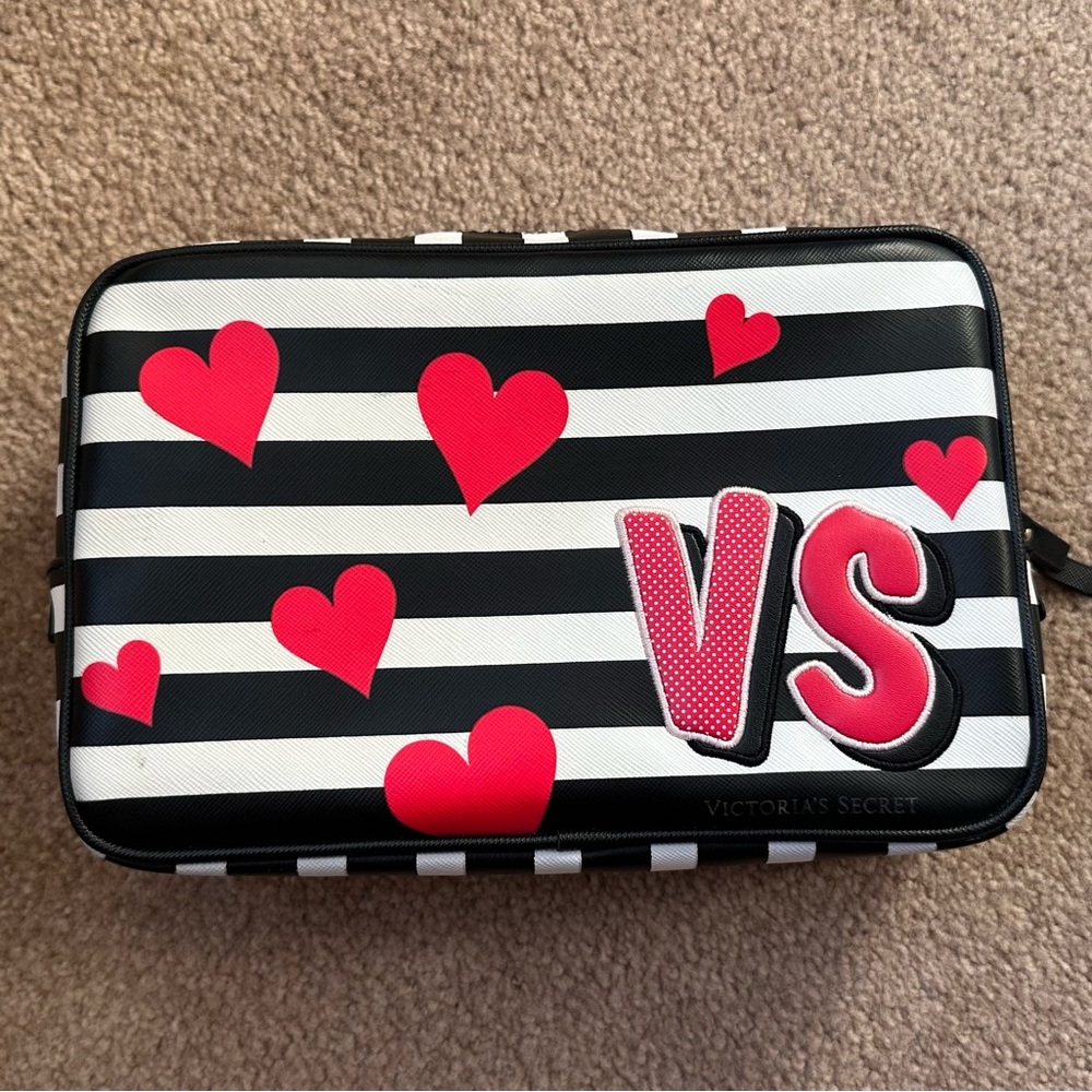 Victoria's Secret Black & White Stripe Cosmetic Pouch with Red Interior